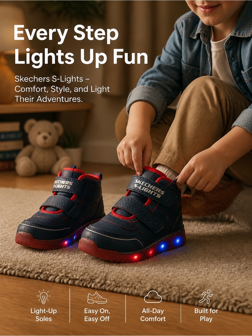 Skechers S-Lights Water Repellent Winter Boots Navy Red Toddler Size 8